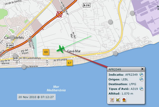 Despegue de un avi�n por la pista principal del aeropuerto de Barcelona-El Prat provocando 69 i 67 dB de media als son�metres de Gav� Mar (Dissabte, 20 septiembre 2010, 7:12h de la ma�ana)
